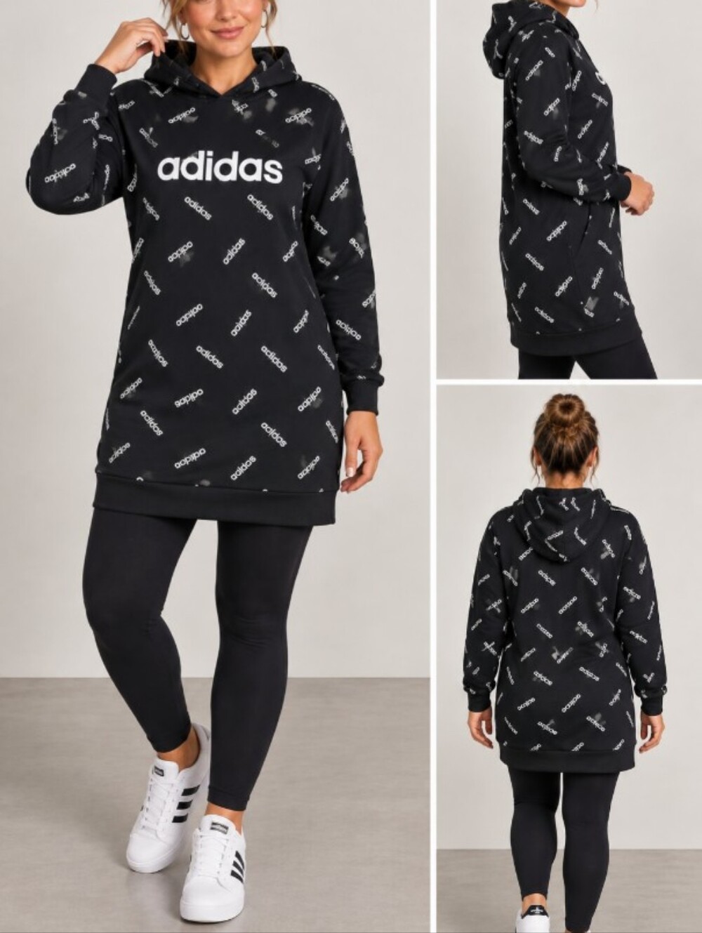 Adidas Women’s Large Black Allover Logo Tunic Longline Hoodie
